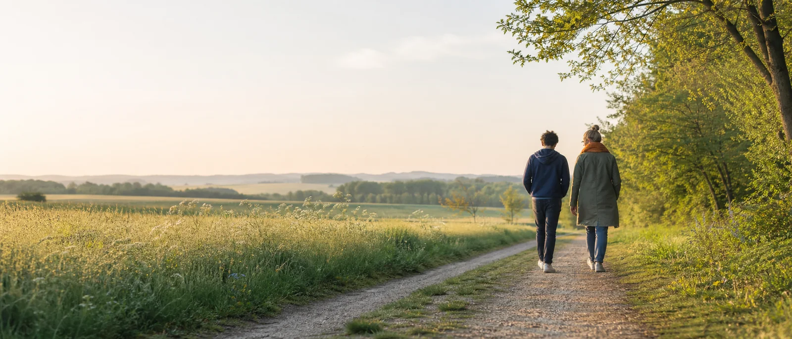 Eine pädagogische Fachkraft begleitet einen jungen Menschen auf einem weiten Weg durch eine sonnige Landschaft, beide von hinten und nicht erkennbar