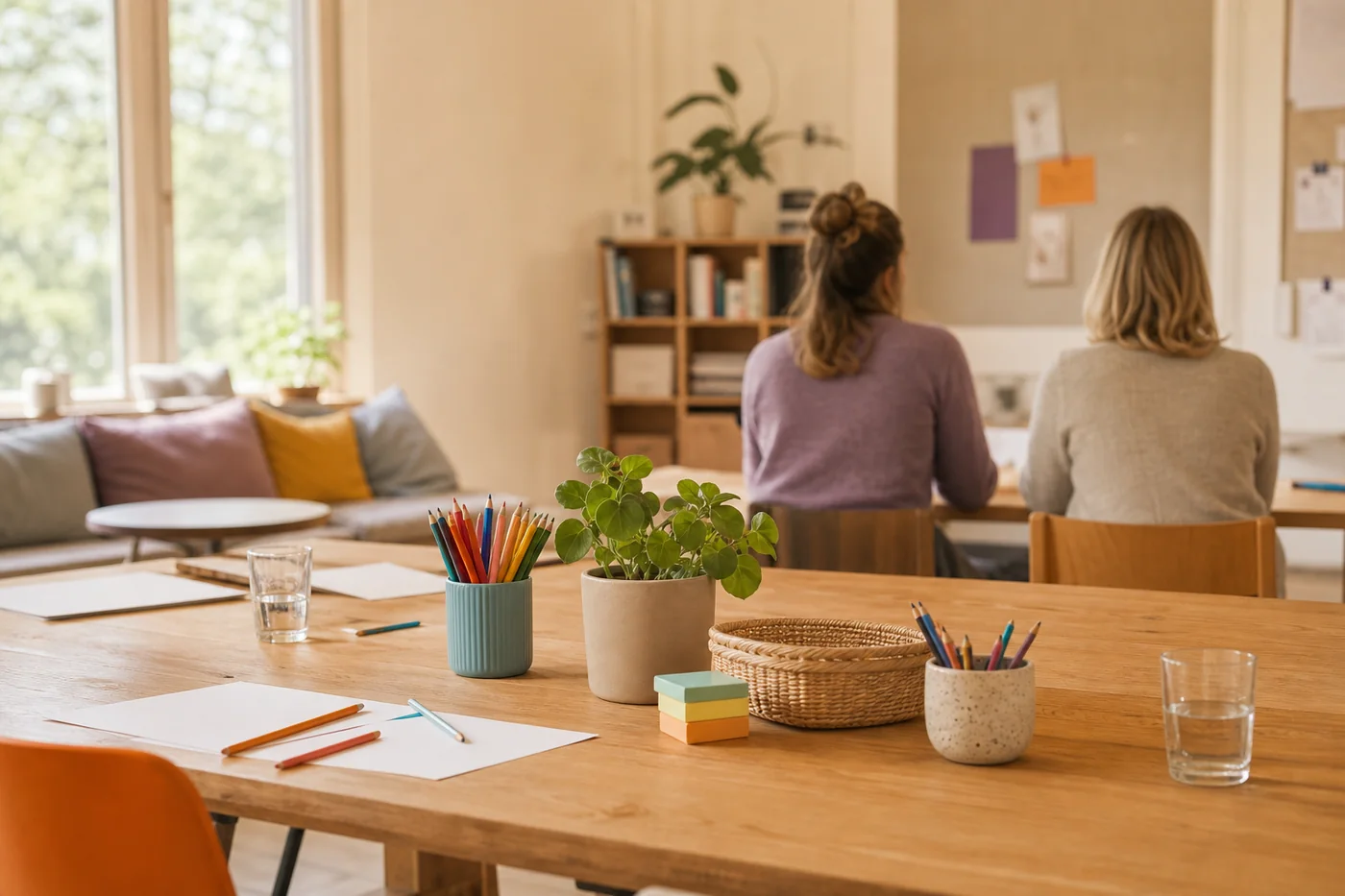 Heller pädagogischer Gemeinschaftsraum mit Kreativmaterialien und zwei Fachkräften von hinten